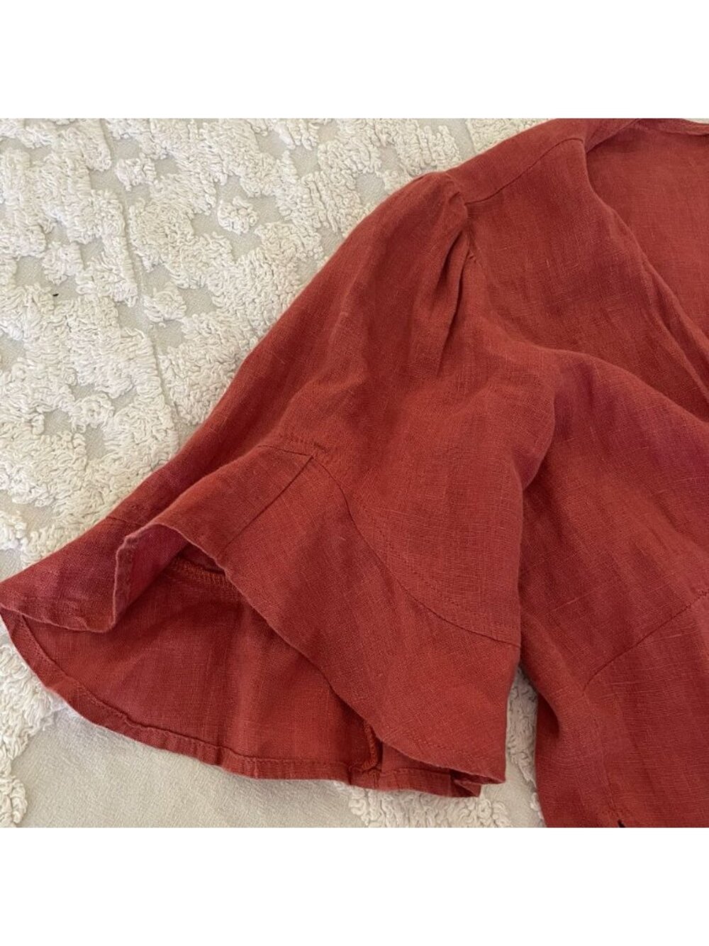 Honorine Edie Linen Ruffle Wrap Mini Dress Terracotta European Summer Boho Chic - Picture 8 of 13